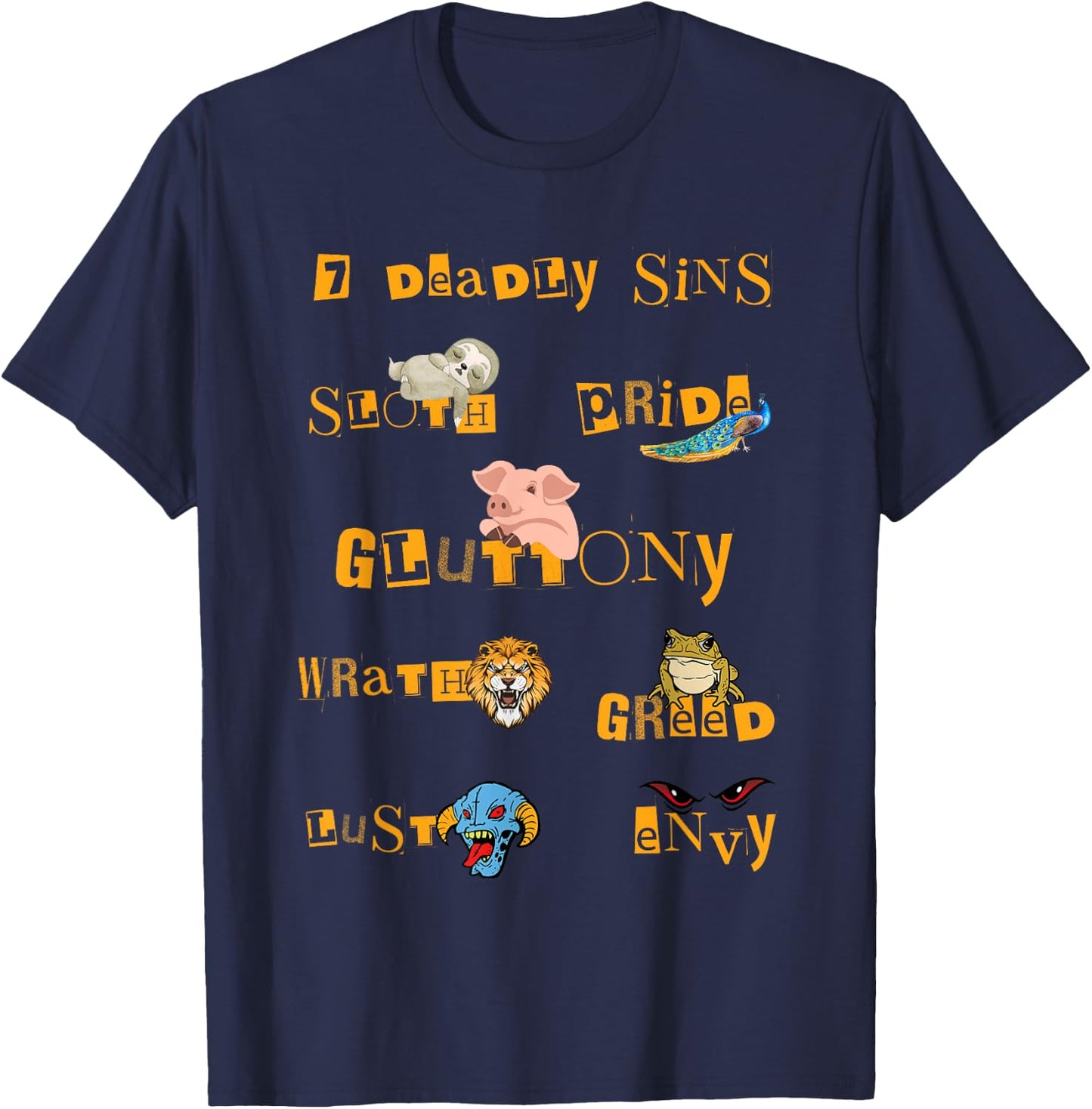 Seven Deadly Sins Lust Pride Gluttony Sloth Wrath Greed Envy T-Shirt - T-Shirt | Navy