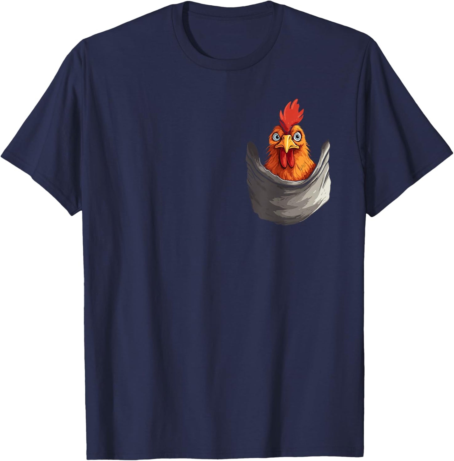Fun print with hen in pocket, rooster, hen and farmer , Black, S T-Shirt - T-Shirt | Navy