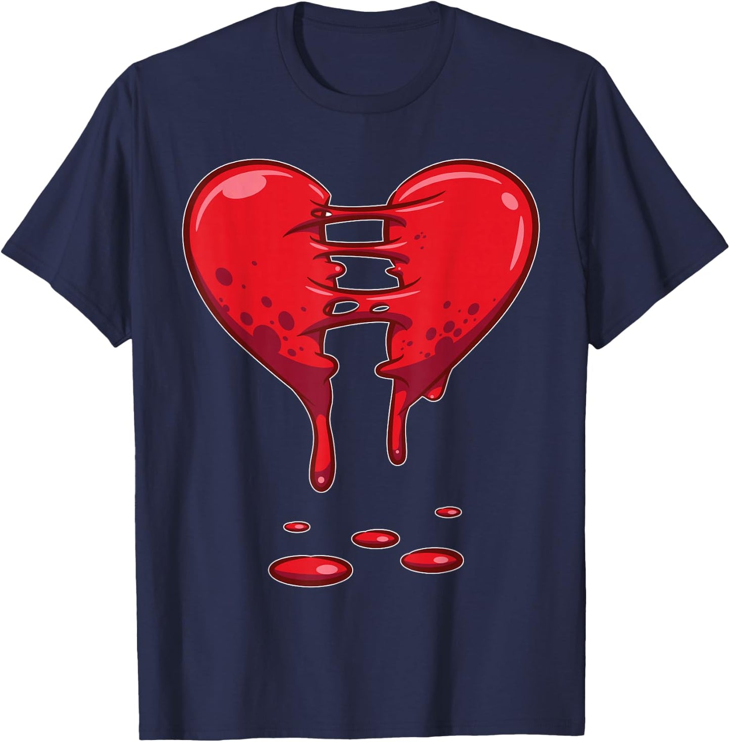 Dripping Broken Heart Minimal Line Art T-Shirt - T-Shirt | Navy
