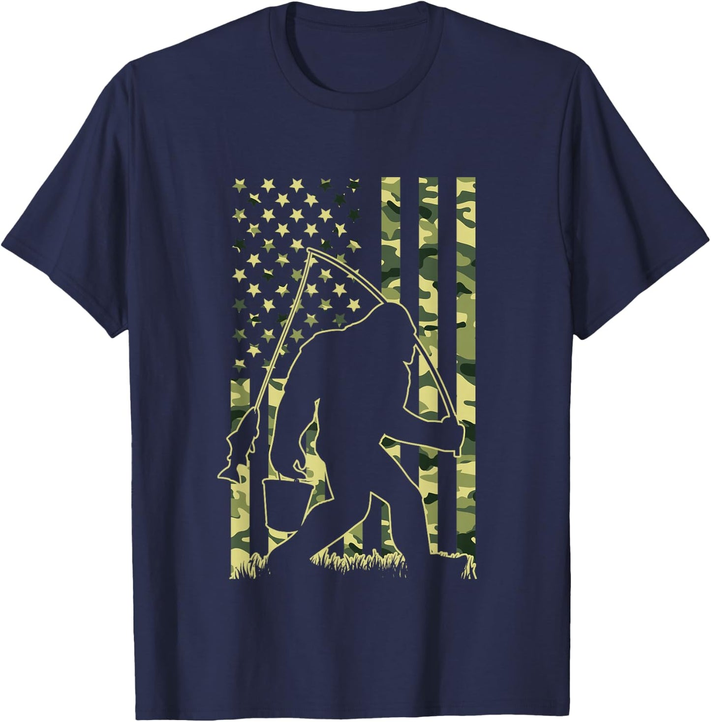 Bigfoot Fishing with Camo American Flag Funny Fisherman T-Shirt - T-Shirt | Navy