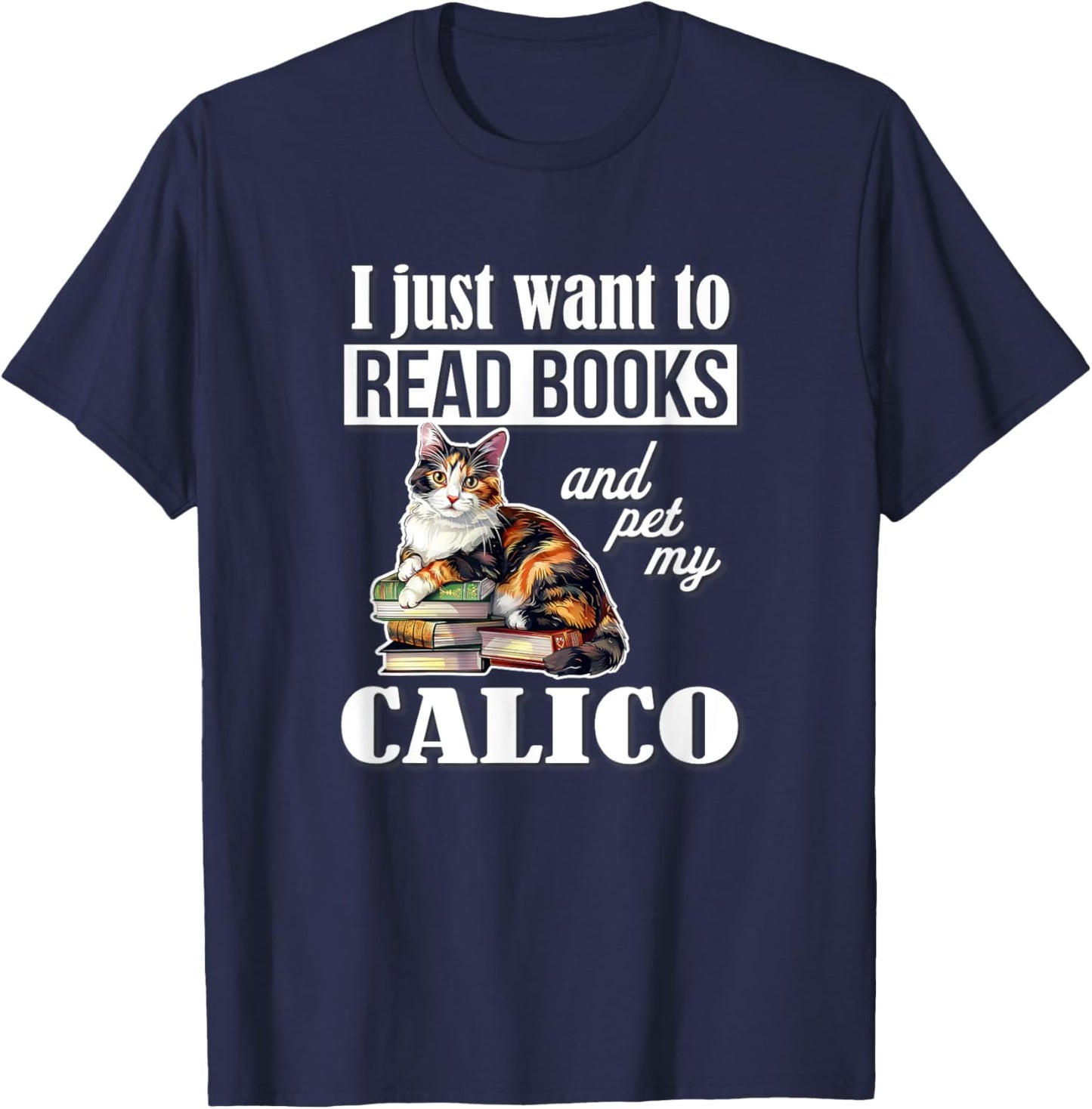 Cute Read Books Calico Cat Lover Women Girls Kids T-Shirt - T-Shirt | Navy
