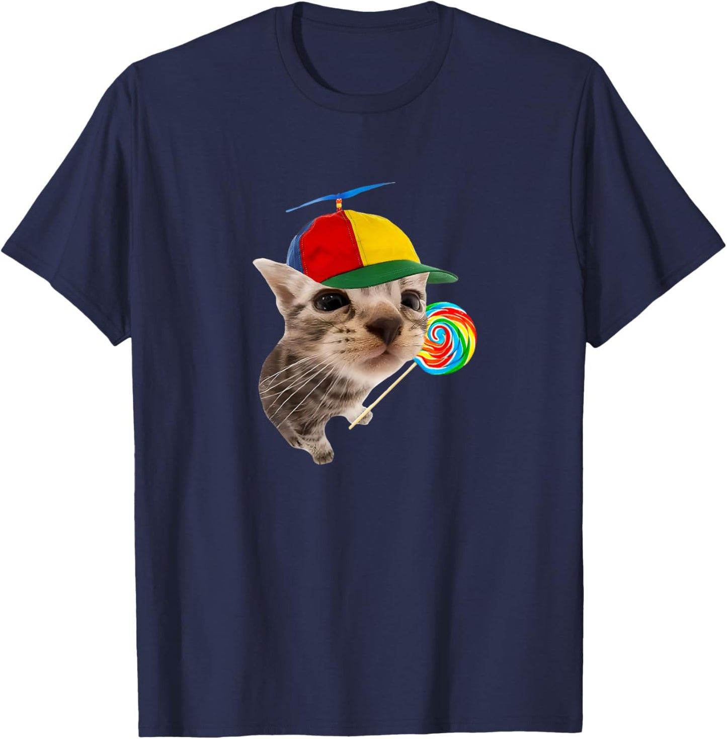 Silly Cat with Lollipop Meme T-Shirt - T-Shirt | Navy