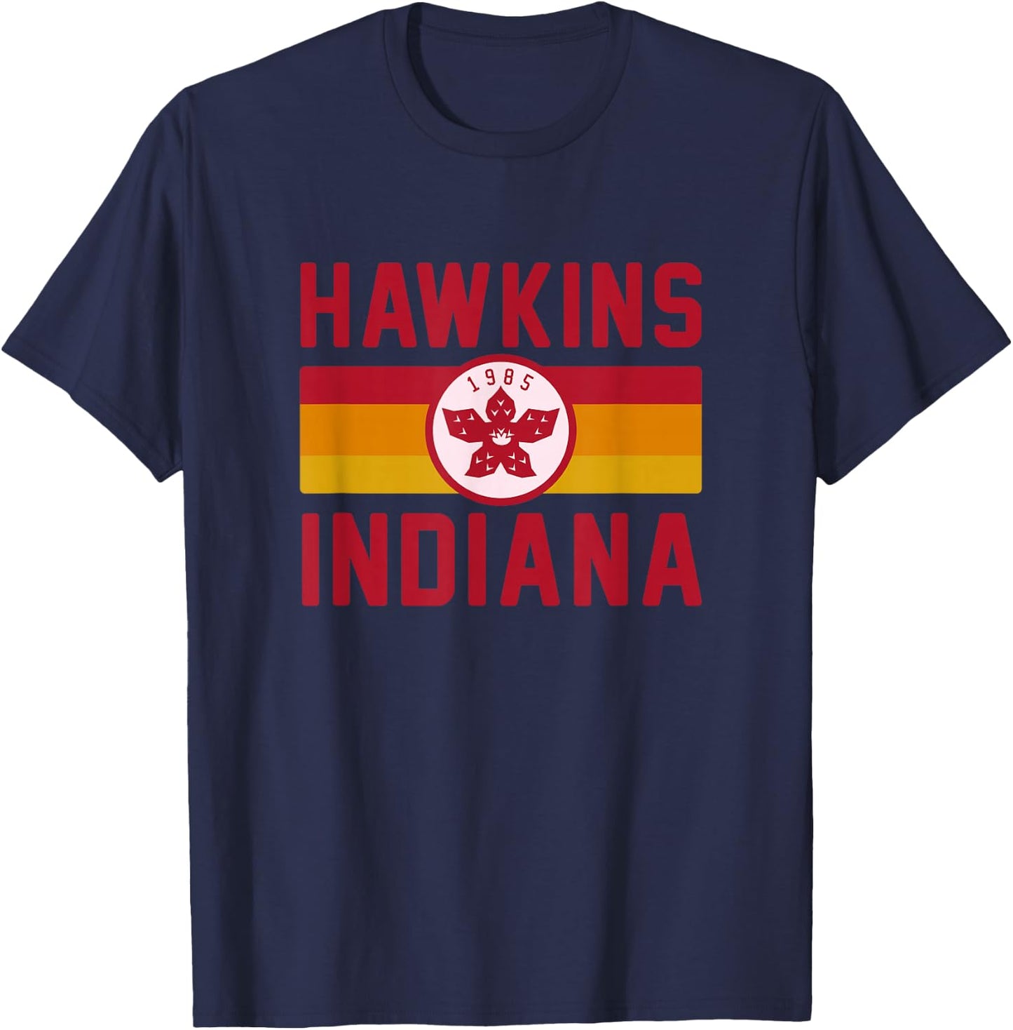 Stranger Things Hawkins Indiana 1985 Sunset Stripe Vintage T-Shirt - T-Shirt | Navy