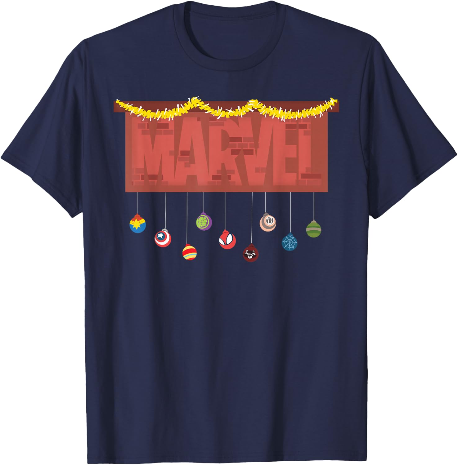 Marvel Logo Holiday Christmas Avengers Super Hero Ornaments T-Shirt - T-Shirt | Navy