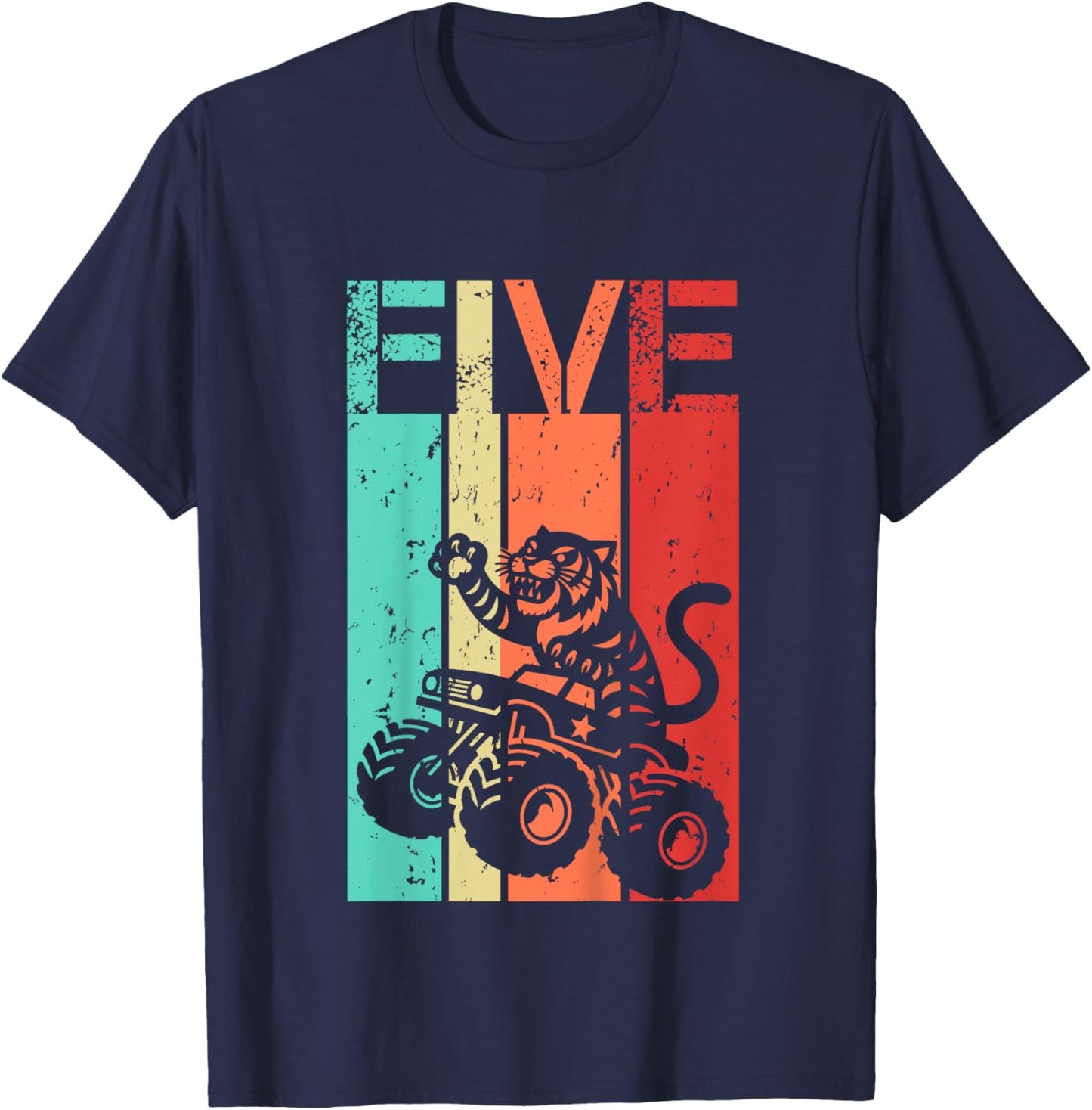 5th Birthday Boy Girl 5 Year Old Tiger And Monster Truck T-Shirt - T-Shirt | Navy