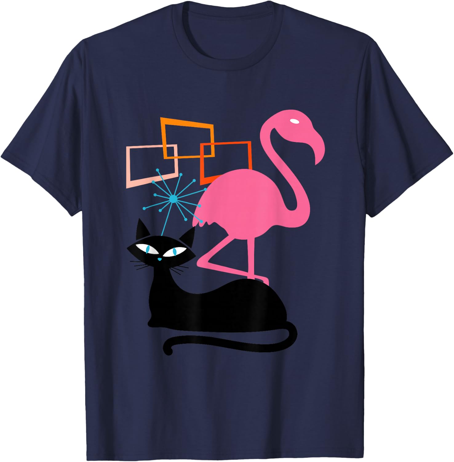 Flamingo and Cat Midcentury Mid Century Stardust Modern T-Shirt - T-Shirt | Navy