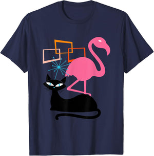 Flamingo and Cat Midcentury Mid Century Stardust Modern T-Shirt - T-Shirt | Navy