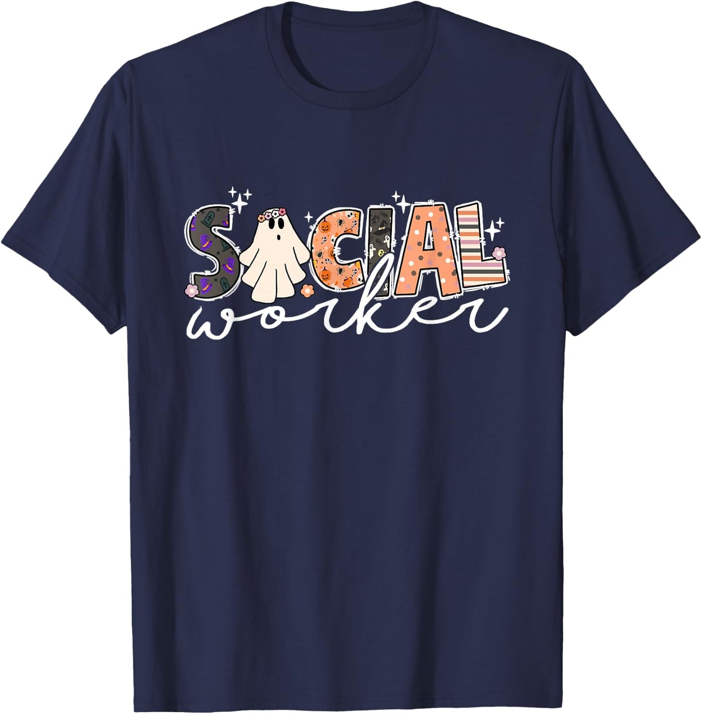 Social Worker Halloween School Social Work Retro Ghost Funny T-Shirt - T-Shirt | Navy