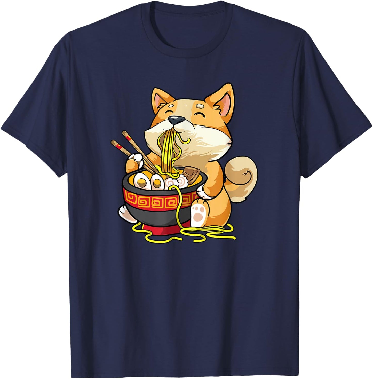 Corgi-Dog Eating Bowl of Ramen Pho Noodle Soup Japan Kawaii T-Shirt - T-Shirt | Navy
