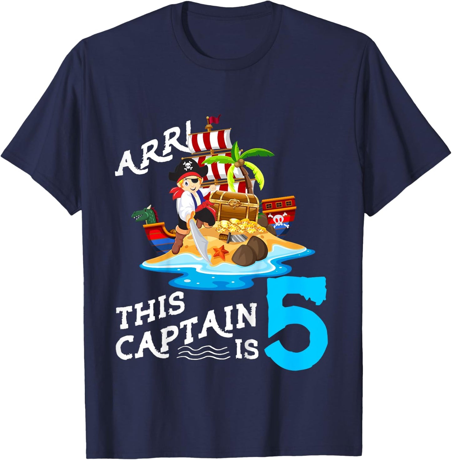 Kids 5 Year Old Pirate Birthday Boy This Captain Is 5 T-Shirt - T-Shirt | Navy