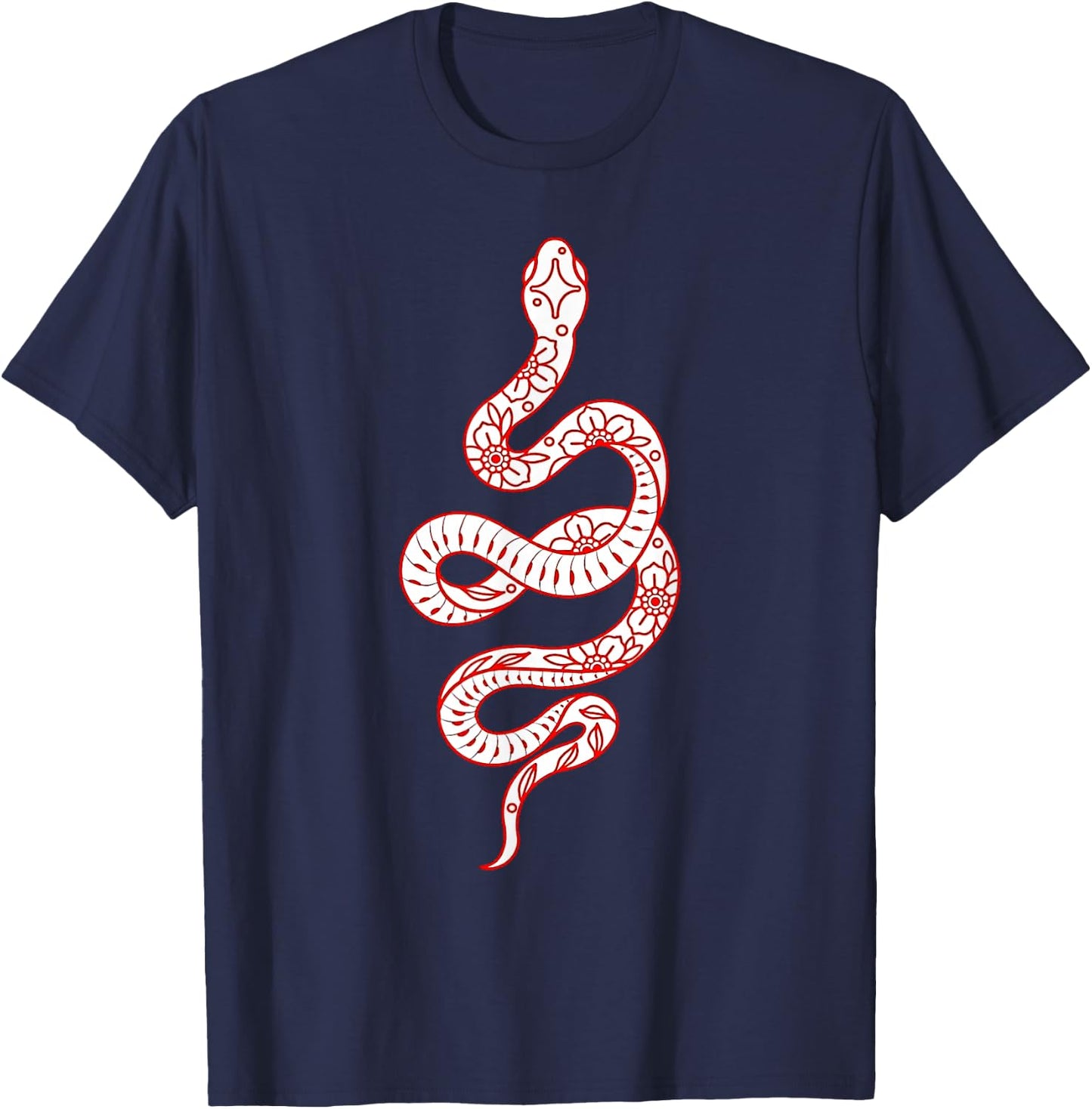 Red Snake Serpent x Flowers Minimal T-Shirt - T-Shirt | Navy