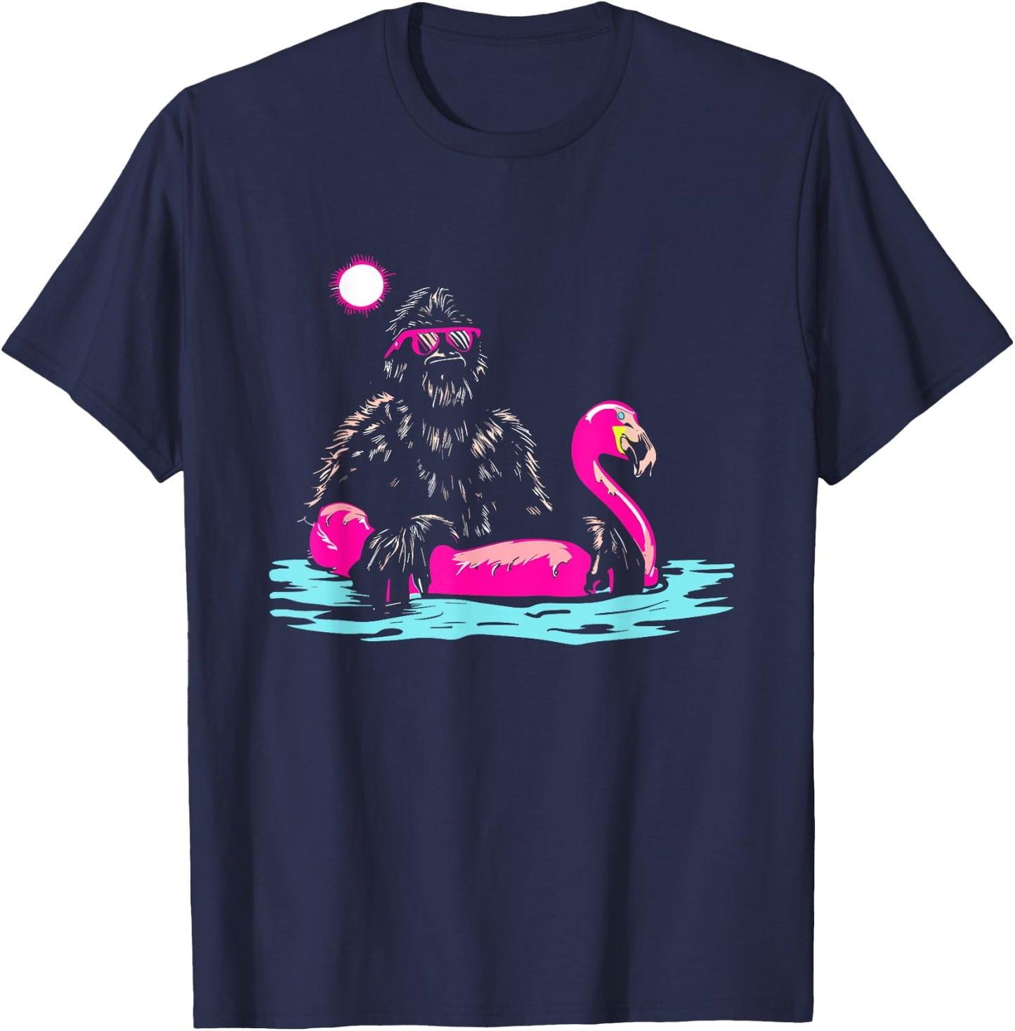 Bigfoot Pool Party Flamingo - Funny Sasquatch Pink Float T-Shirt - T-Shirt | Navy