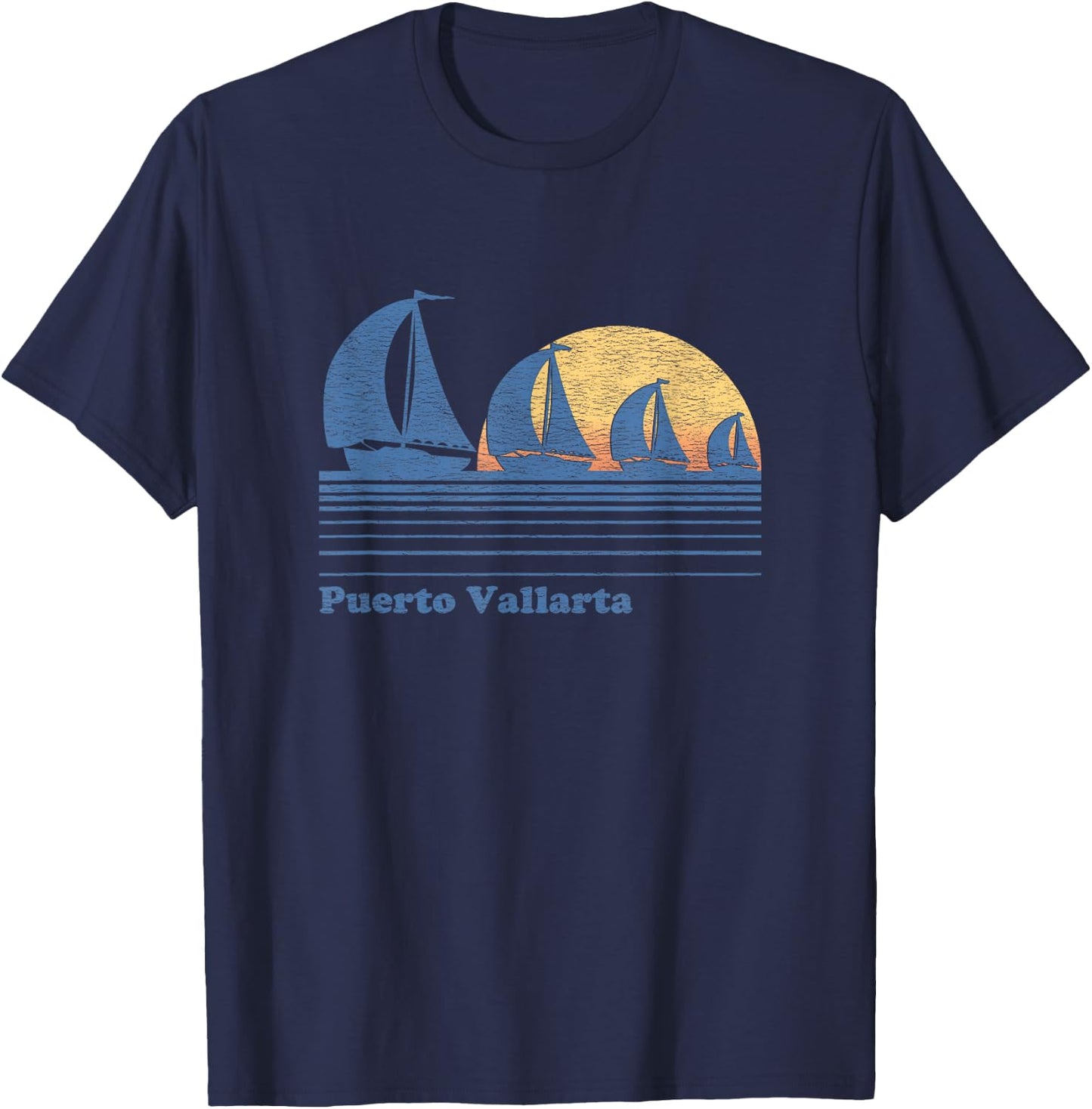 Puerto Vallarta Mexico Sailboat Vintage 80s T-Shirt - T-Shirt | Navy