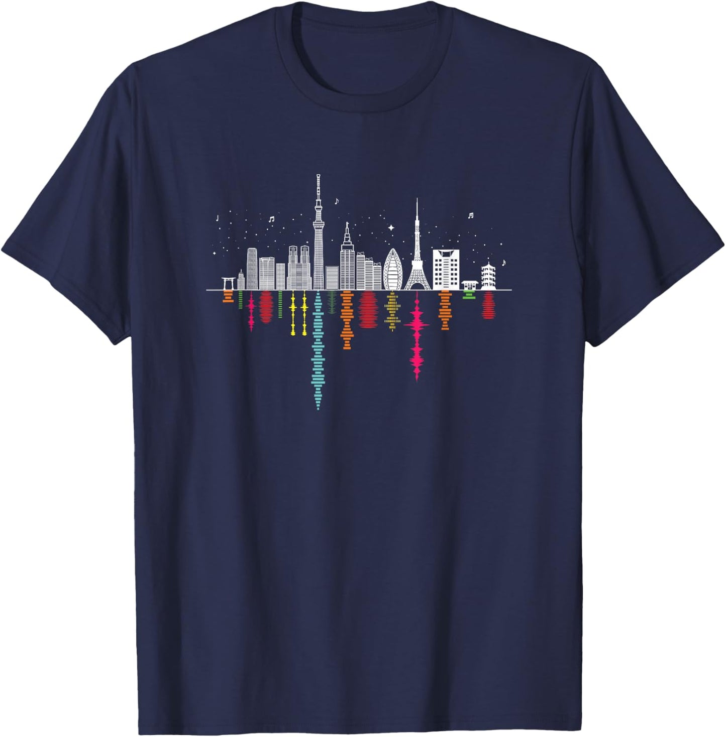 Tokyo Japan Night Skyline - Music & Sound Wave Reflections T-Shirt - T-Shirt | Navy