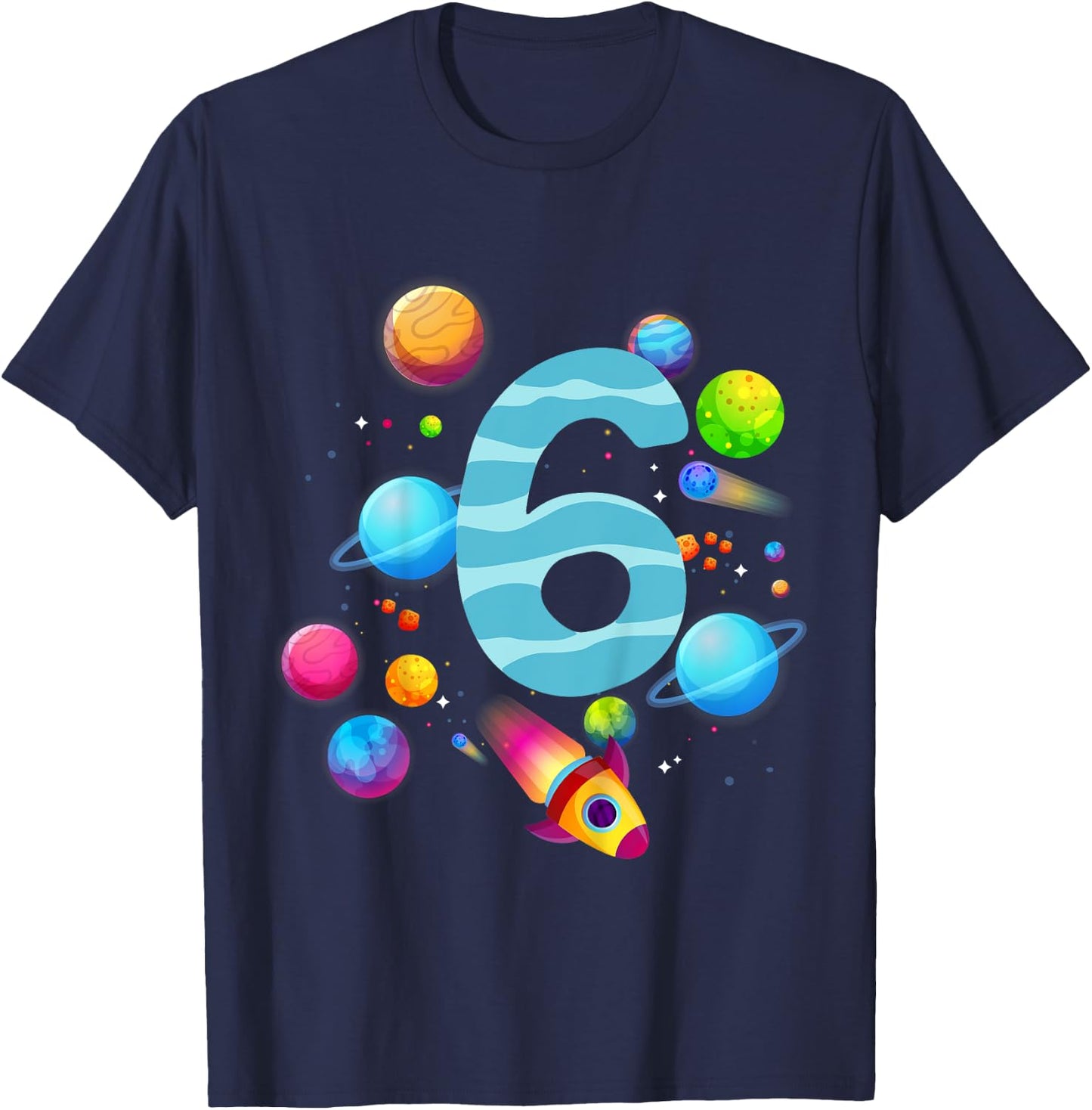 Kids 6th Birthday Boys 6 Years Planets Space Birthday , black T-Shirt - T-Shirt | Navy