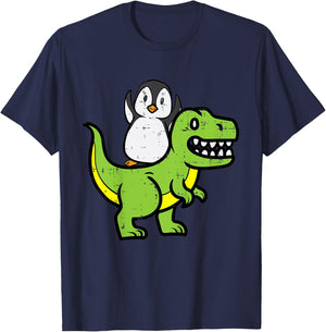 Kids Penguin Riding Dinosaur Trex Cute Boys Kids Toddler Youth T-Shirt - T-Shirt | Navy