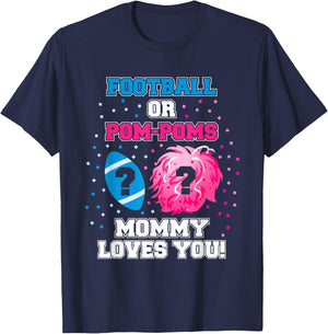 Gender Reveal Shirt Football Or Pom Pom Mommy Loves You T-Shirt - T-Shirt | Navy