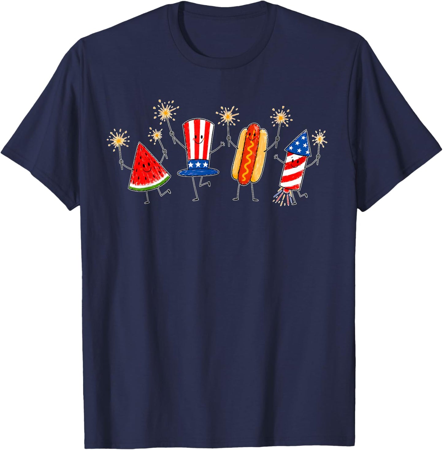 Fourth of July Patriotic Doodle Watermelon Hotdog Firework T-Shirt - T-Shirt | Navy