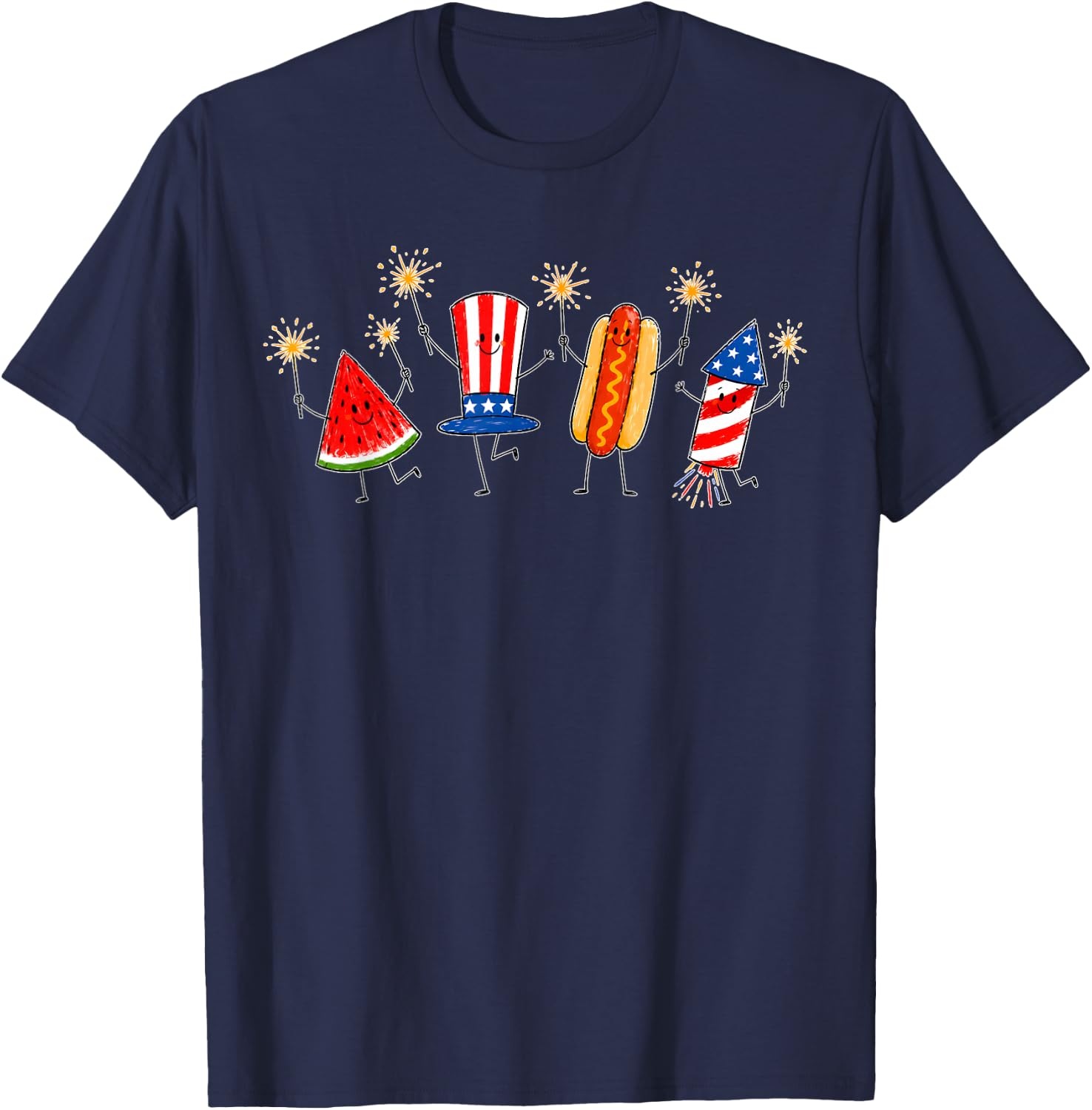 Fourth of July Patriotic Doodle Watermelon Hotdog Firework T-Shirt - T-Shirt | Navy