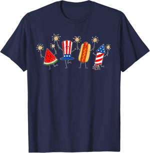 Fourth of July Patriotic Doodle Watermelon Hotdog Firework T-Shirt - T-Shirt | Navy