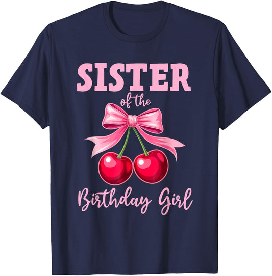 Cherry Coquette Bow Sister of The Birthday Girl Family T-Shirt - T-Shirt | Navy