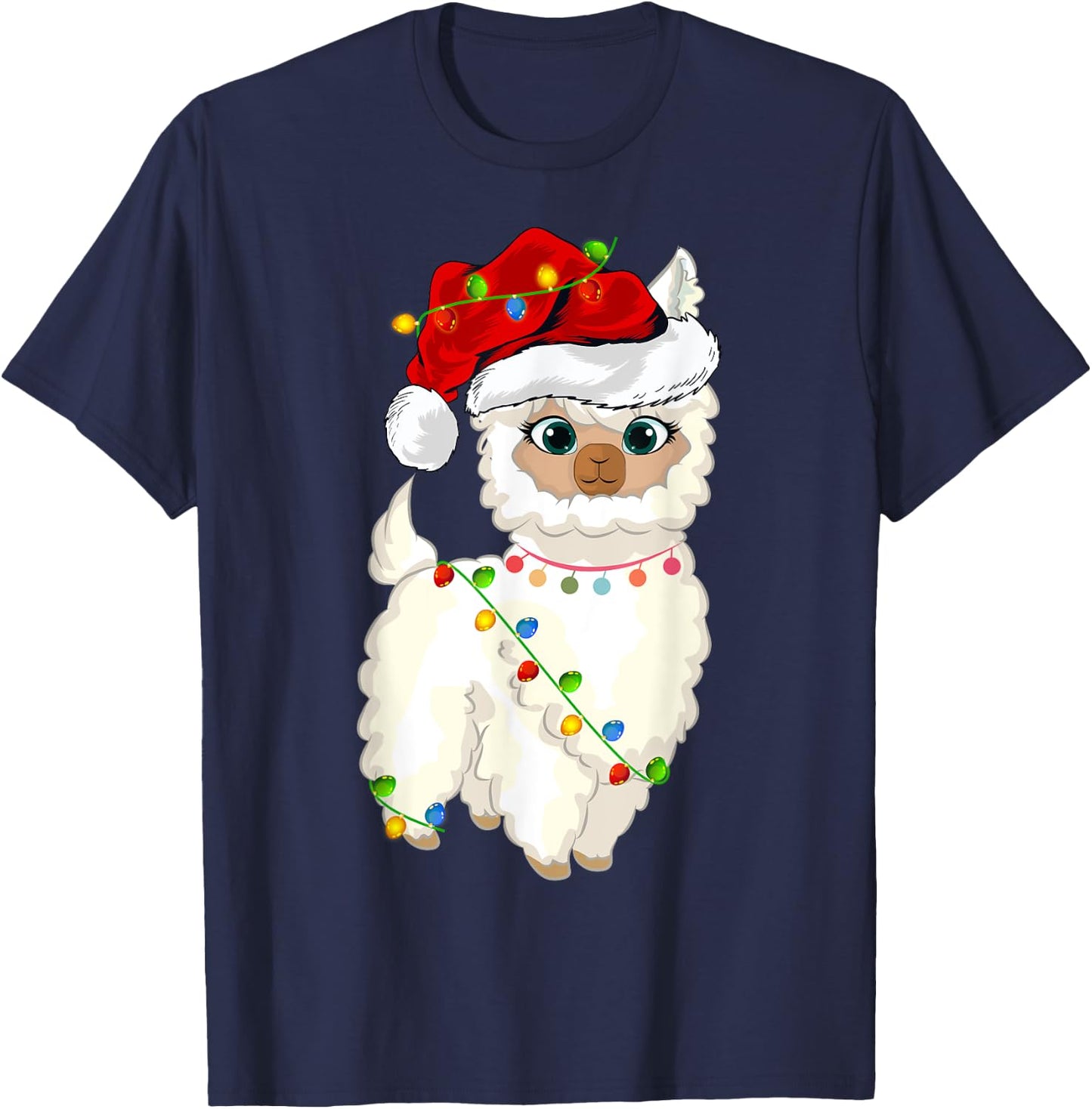 Xmas Lights Santa Hat Llama Christmas T-Shirt - T-Shirt | Navy