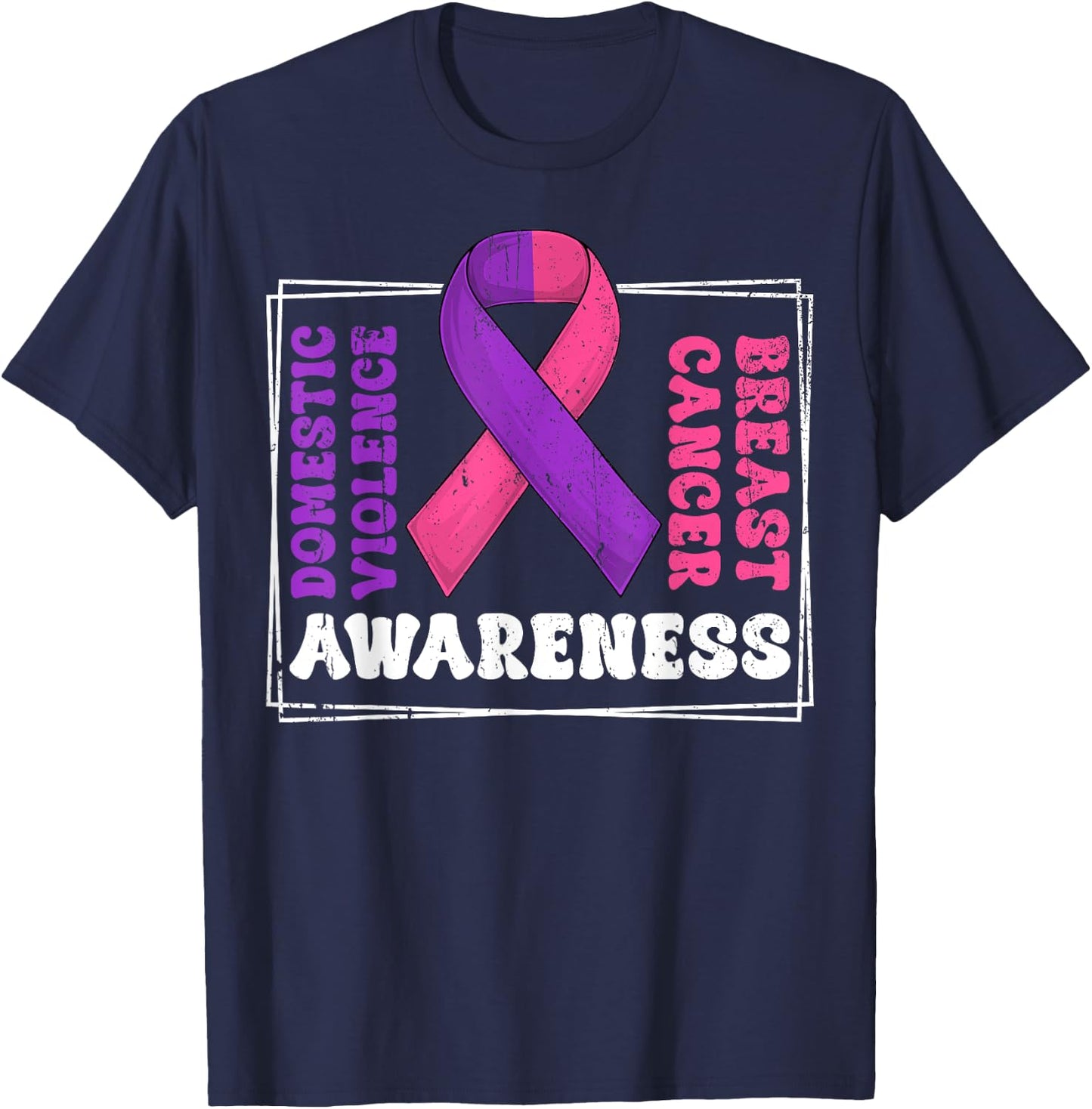 Groovy Domestic Violence And Breast Cancer Awareness Month T-Shirt - T-Shirt | Navy