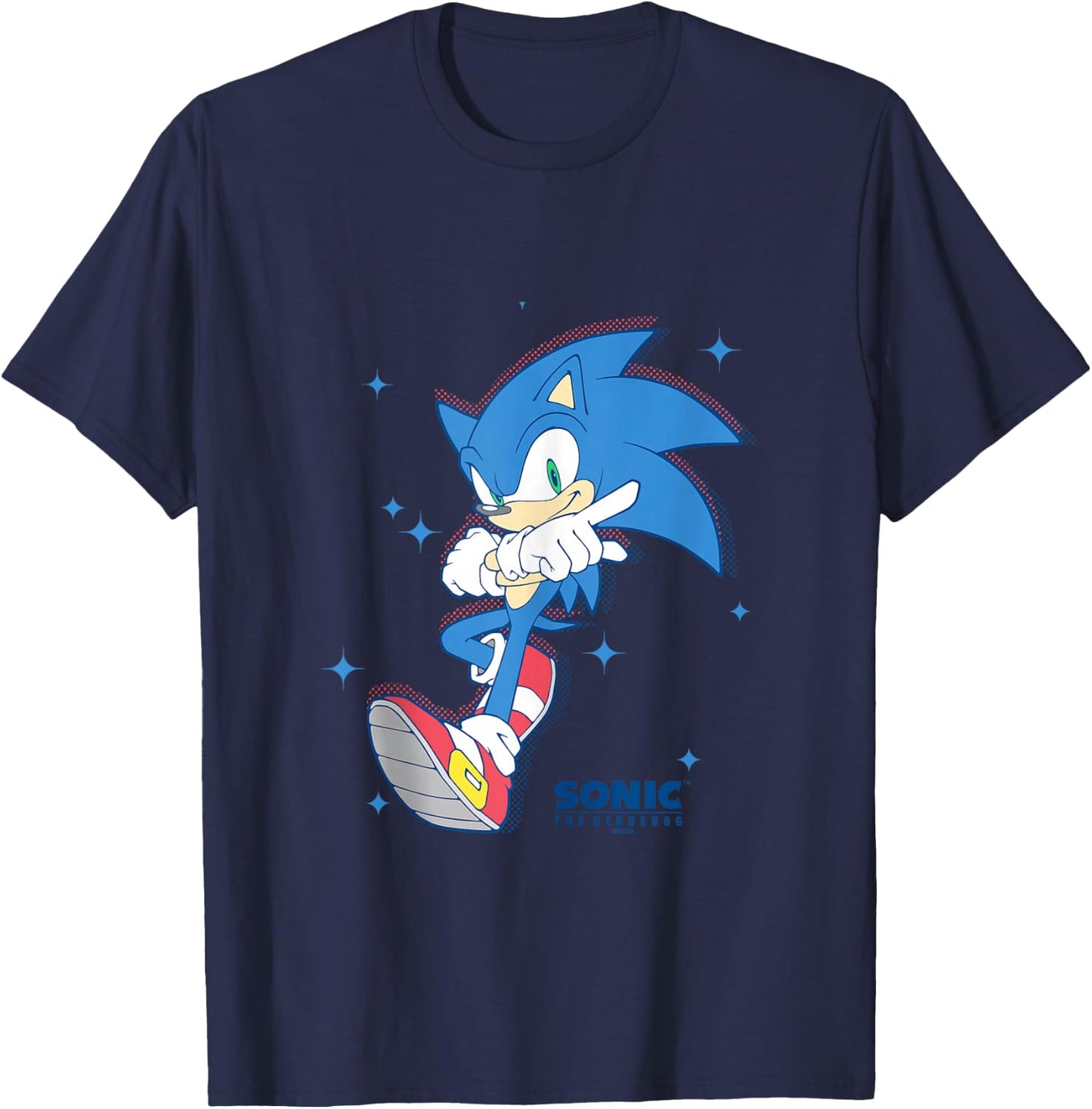 Sonic The Hedgehog Sonic Pointing Stance Star Background T-Shirt - T-Shirt | Navy