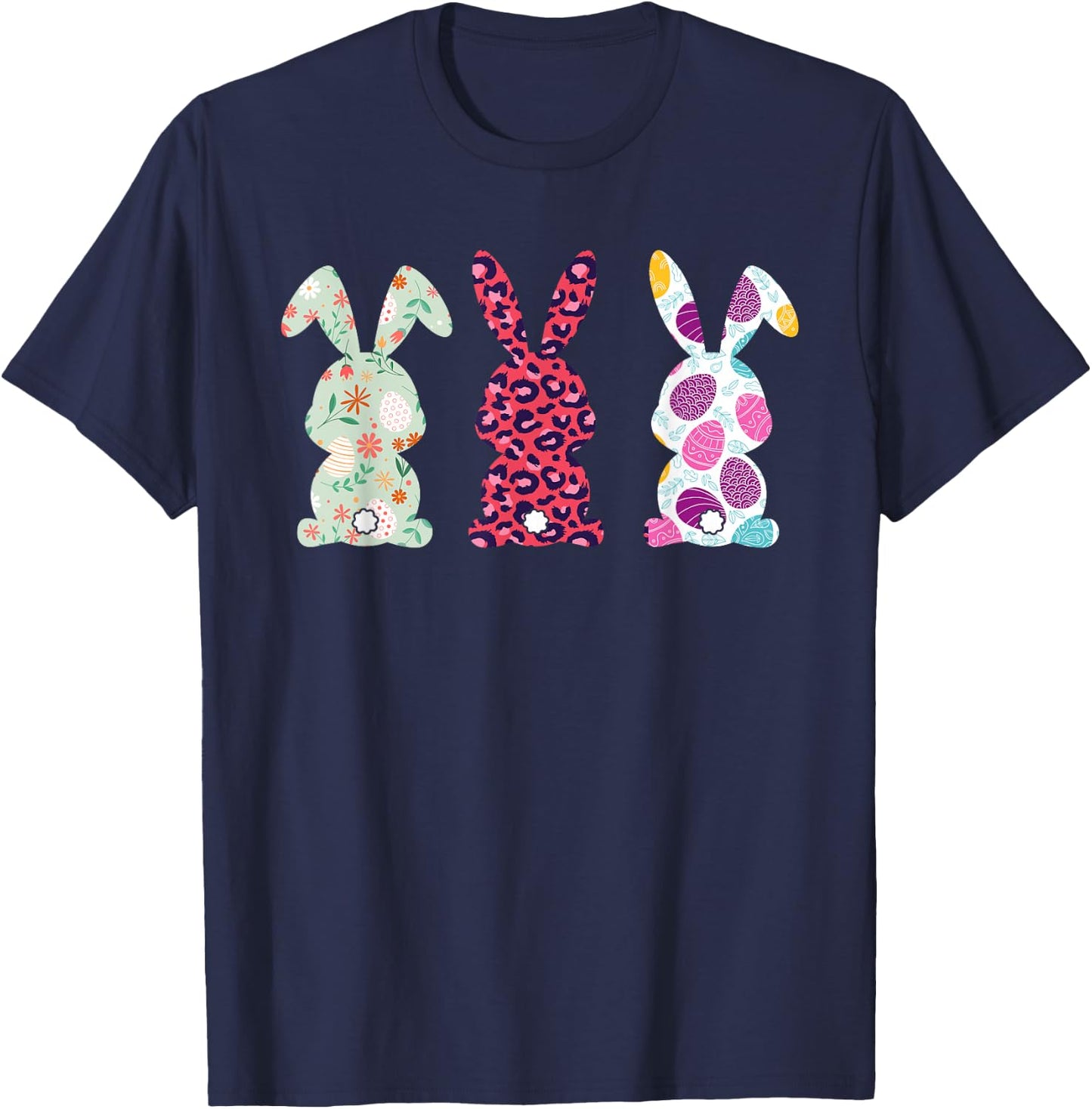 Cute Pink Leopard Eggs Flower Happy Easter Bunny Rabbit T-Shirt - T-Shirt | Navy
