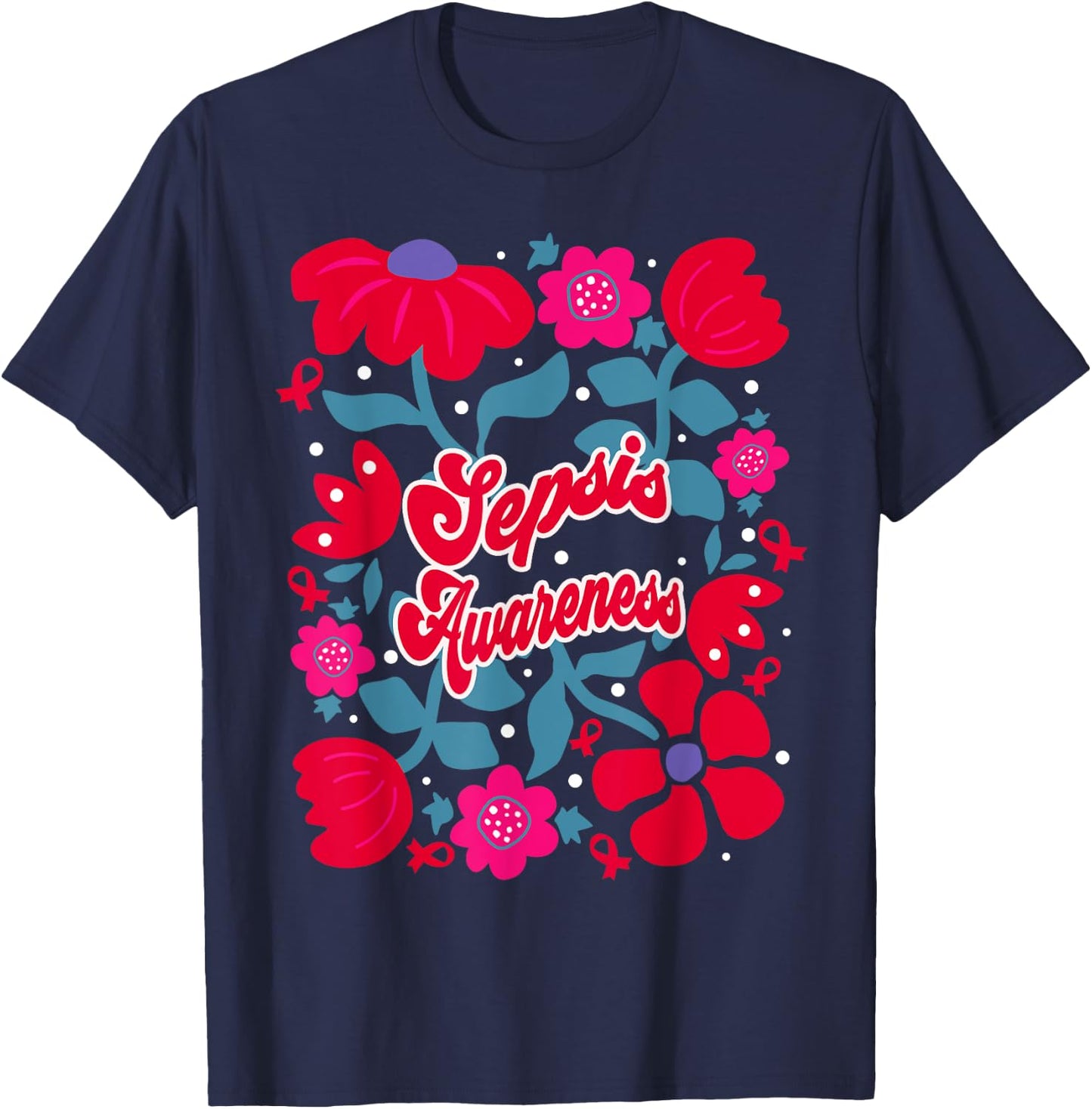 Sepsis Awareness Groovy Red Boho Flower Art Ribbon T-Shirt - T-Shirt | Navy