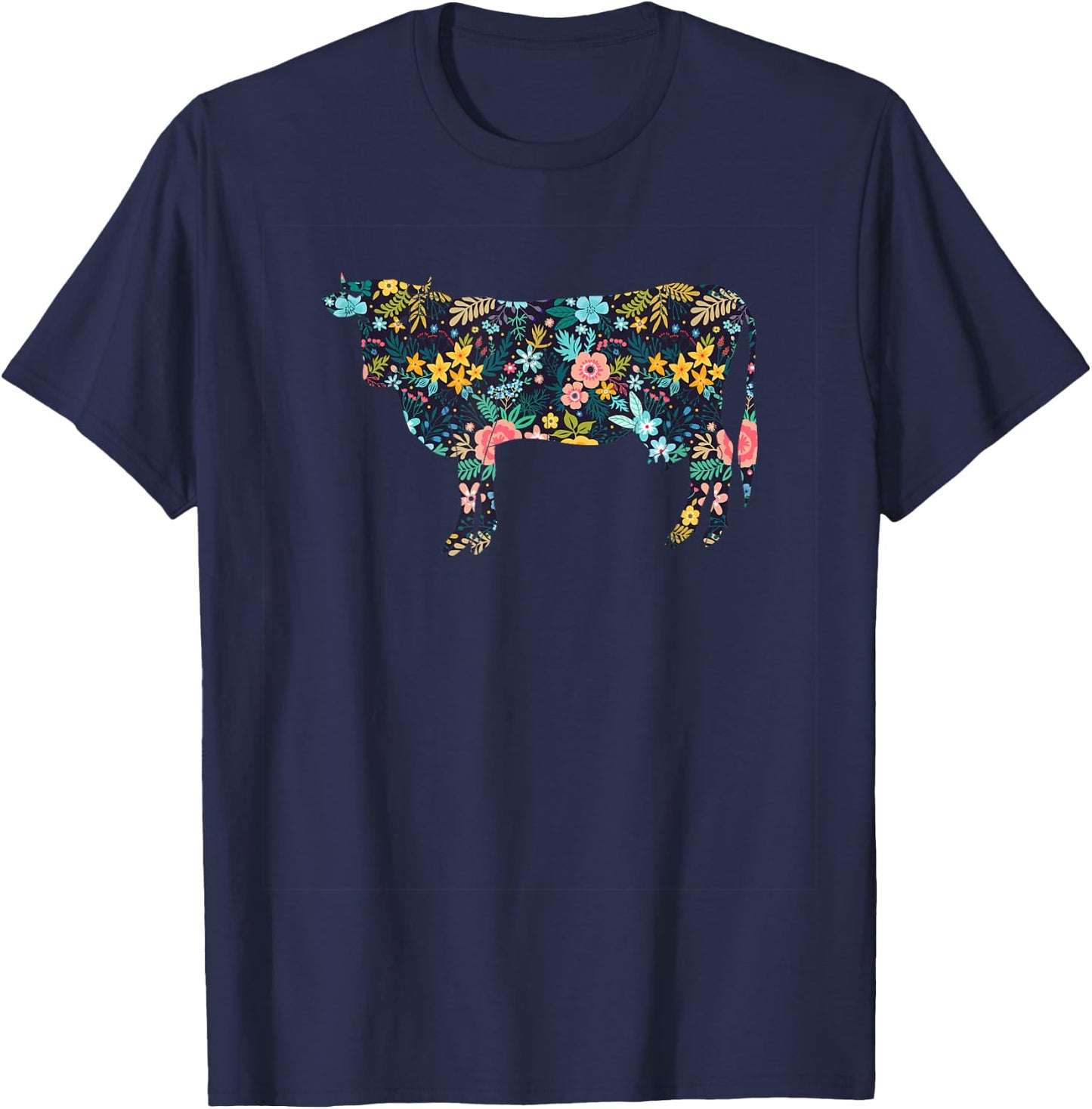 Floral Cow Silhouette Girls Cow Farm Animal T-Shirt - T-Shirt | Navy