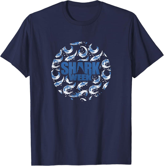 Shark Week Great White In Pursuit Pattern Vintage Logo T-Shirt - T-Shirt | Navy