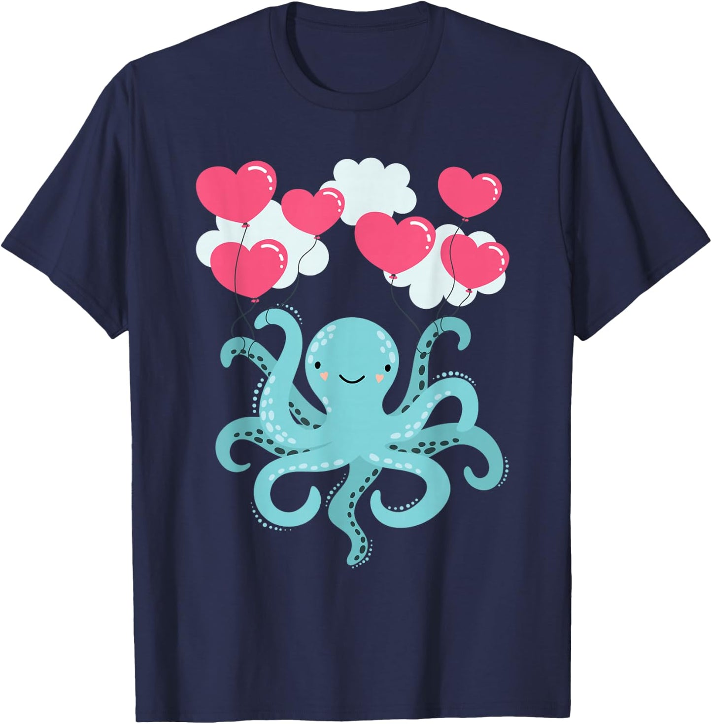 Cute Octopuses Balloon Hearts - Valentines Sea Animal Lover T-Shirt - T-Shirt | Navy