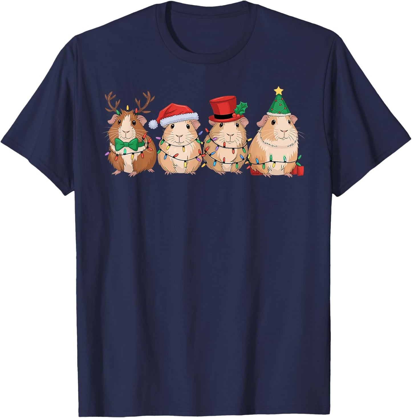Merry Pigmas Cute Santa Guinea Pig Squad Christmas Lights T-Shirt - T-Shirt | Navy