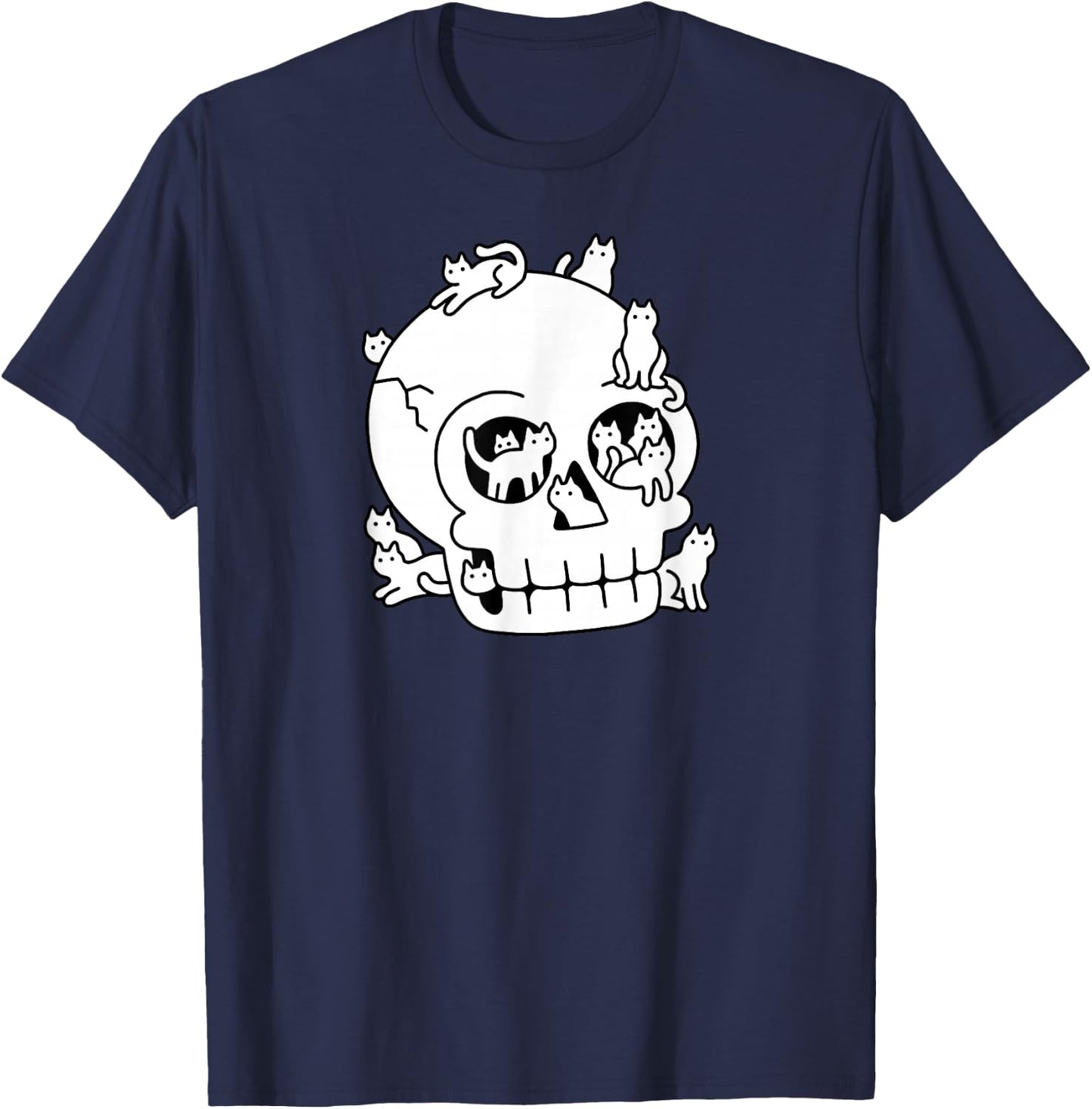 Threadless Obinsun Skull Is Full Of Cats Doodle Graphic T-Shirt - T-Shirt | Navy