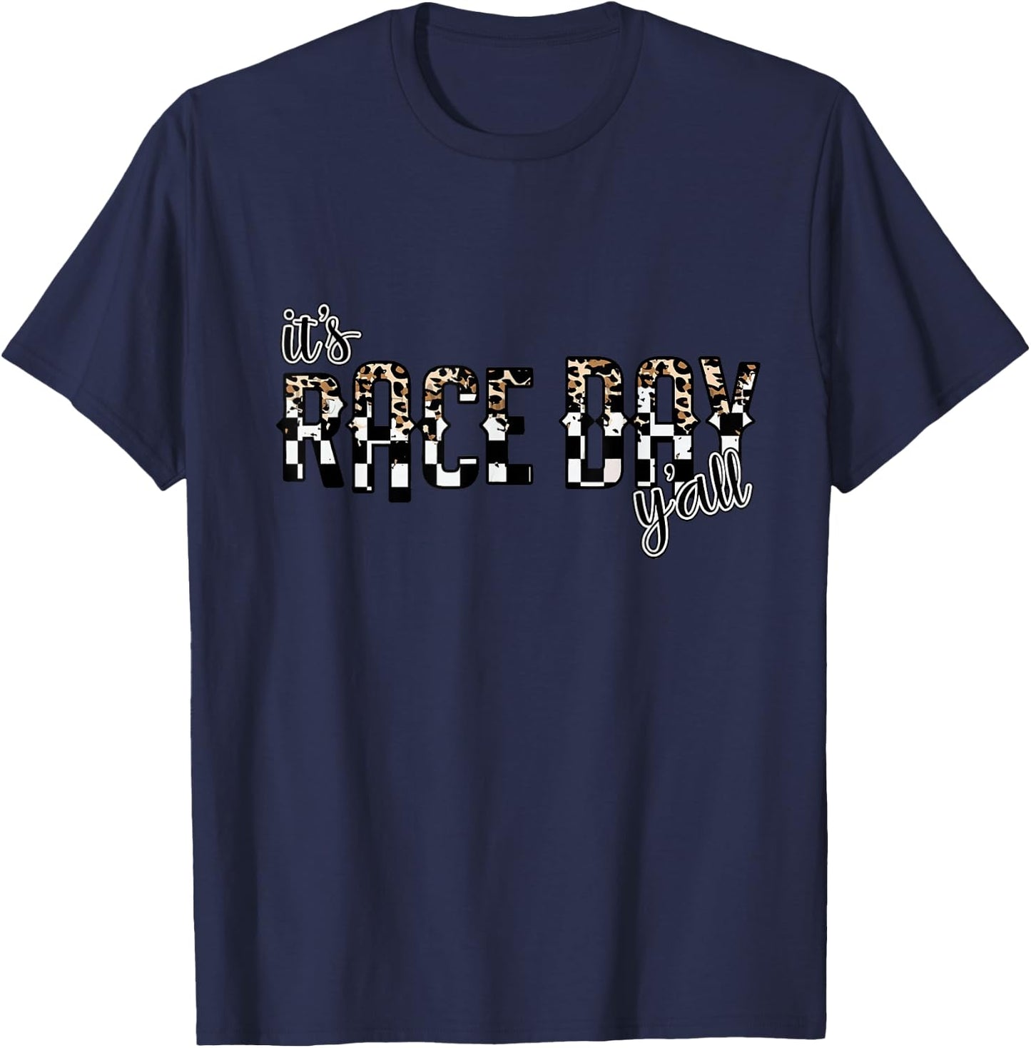 Leopard It's Race Day Y'all, Checkered Flag Racing T-Shirt - T-Shirt | Navy