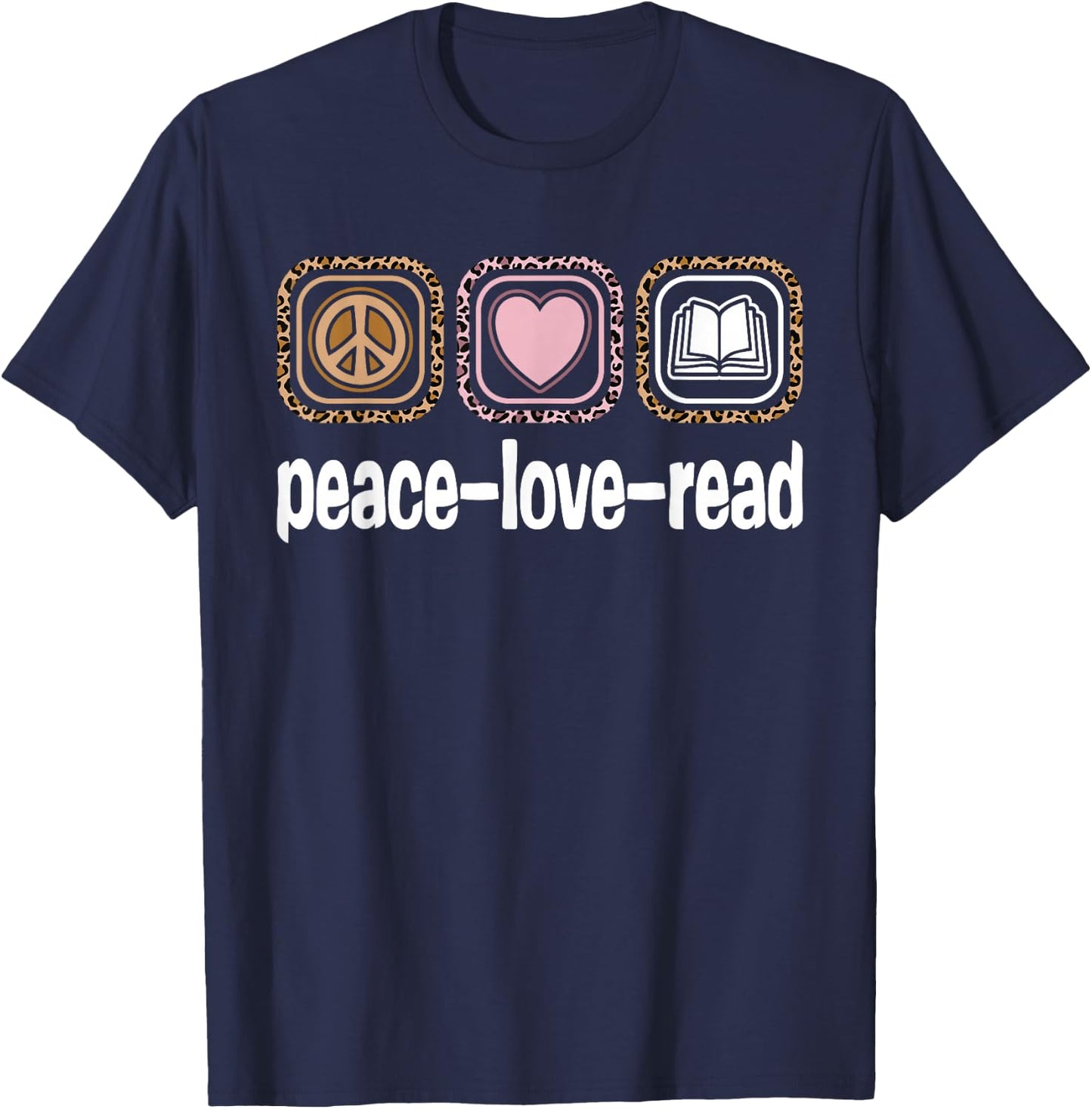 Peace Love Read Leopard Print Women Girls Kids Book Reading T-Shirt - T-Shirt | Navy