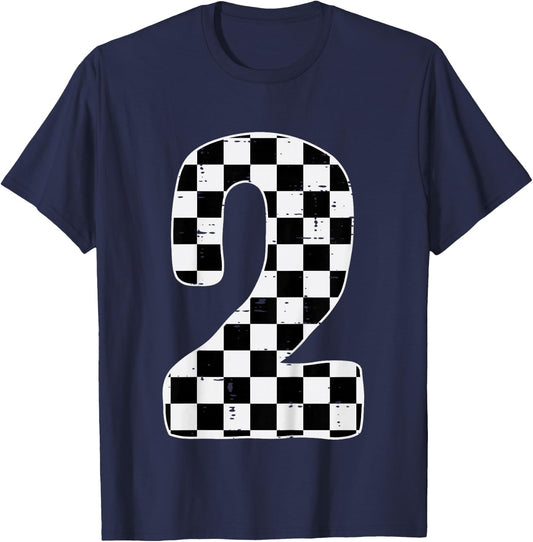 2nd Birthday 2 Racing Flag Two Year Old Bday Boys Girls Kids T-Shirt - T-Shirt | Navy