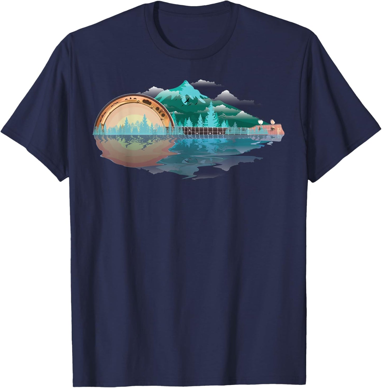 Cool Retro Banjo Mountains & Sun | Funny Bluegrass Fan Gift T-Shirt - T-Shirt | Navy