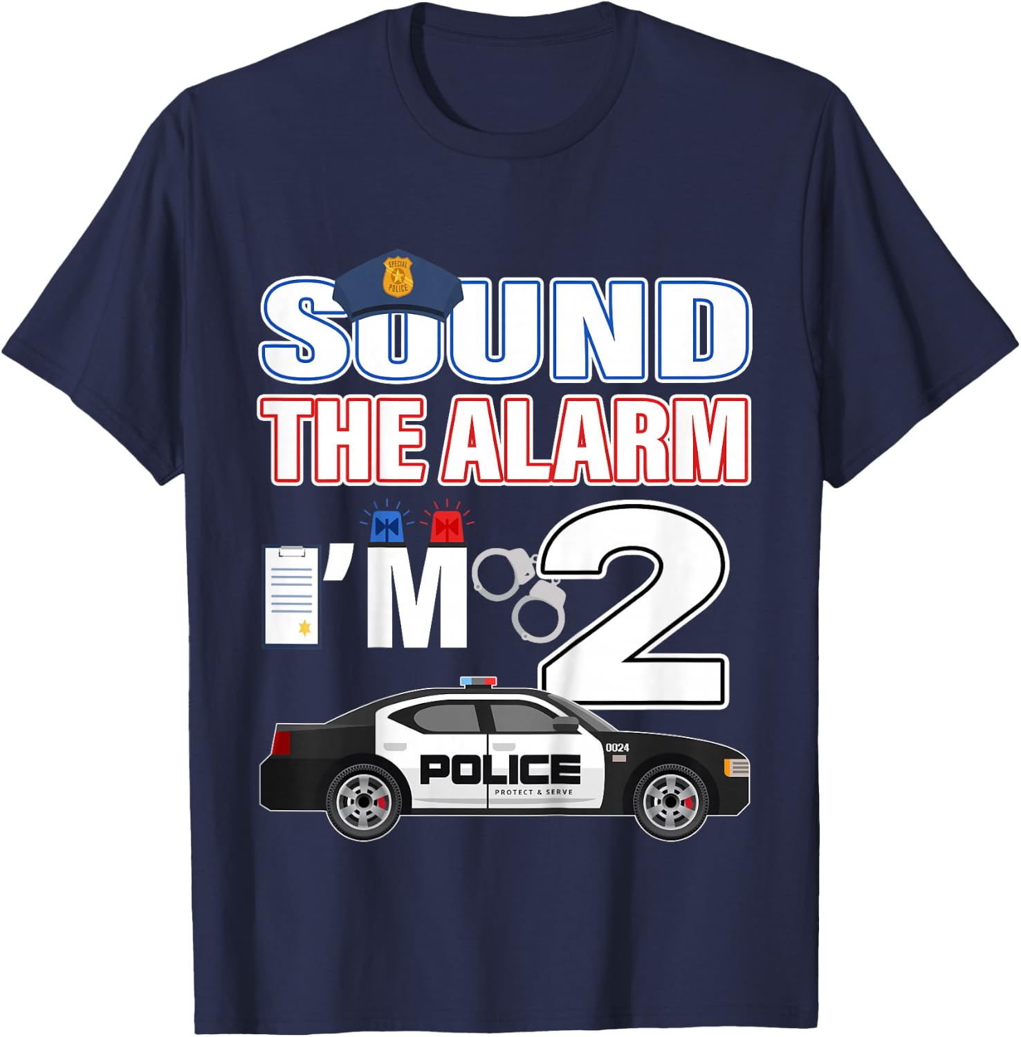 Police Car 2nd Birthday Boy 2 year old Cop Policeman Officer T-Shirt - T-Shirt | Navy