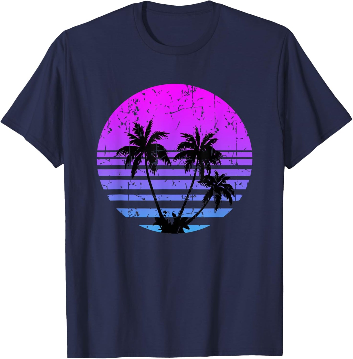 Retro Palm Trees Sunset Summer Vacation Beach T-Shirt - T-Shirt | Navy
