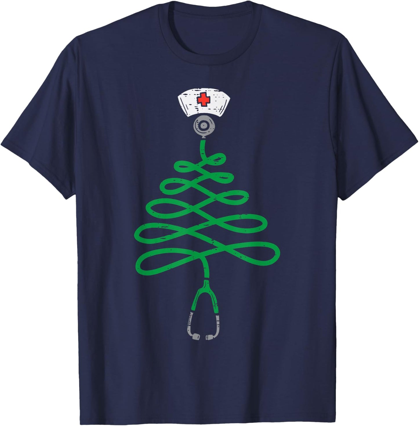 Stethoscope Christmas Tree Nurse Christmas Scrub Top Xmas T-Shirt - T-Shirt | Navy