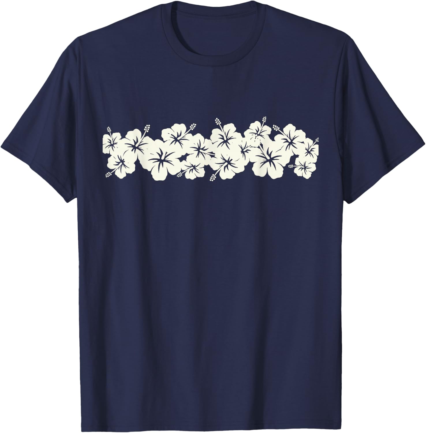 Surfer Style Vintage Floral | Hibiscus Flower Row 1970s T-Shirt - T-Shirt | Navy