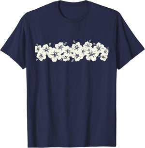 Surfer Style Vintage Floral | Hibiscus Flower Row 1970s T-Shirt - T-Shirt | Navy