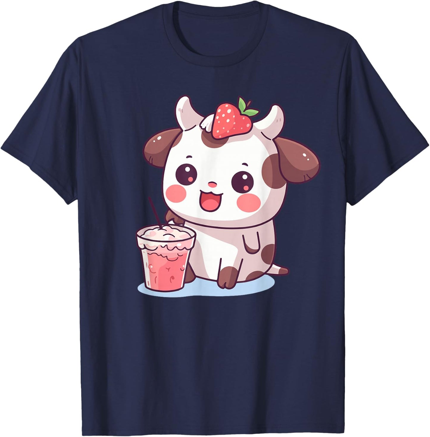 Cow Print Strawberry Milk Kids Toddler Teen Girl Cute Kawaii T-Shirt - T-Shirt | Navy