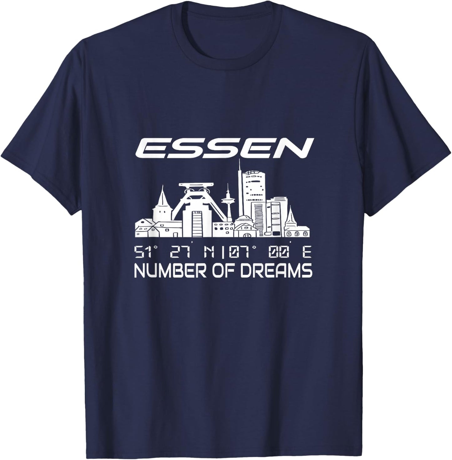 GPS Koordinaten und Skylines deutscher Traumstädte Erwachsene Schwarz Kurzarm S Stadt Essen Skyline Koordinaten Ruhrpott Ruhrgebiet Stadt Essen T-Shirt - T-Shirt | Navy