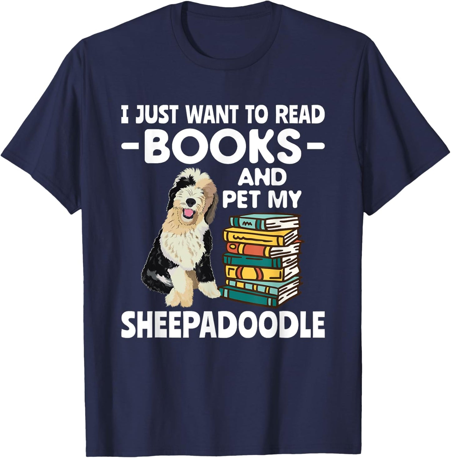 Books Reading Doodle Dog Sheepadoodle T-Shirt - T-Shirt | Navy