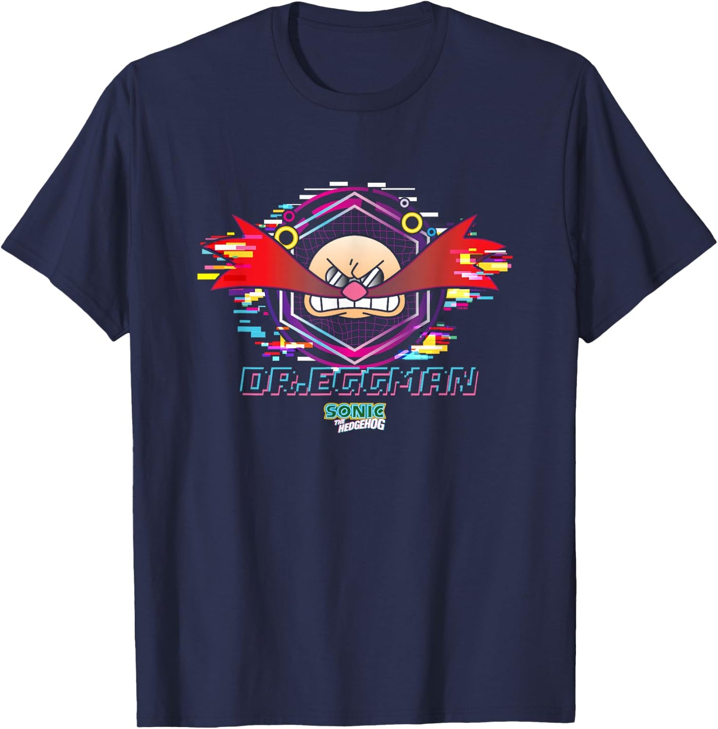 Sonic The Hedgehog Dr. Eggman Glitched Out Face Logo T-Shirt - T-Shirt | Navy