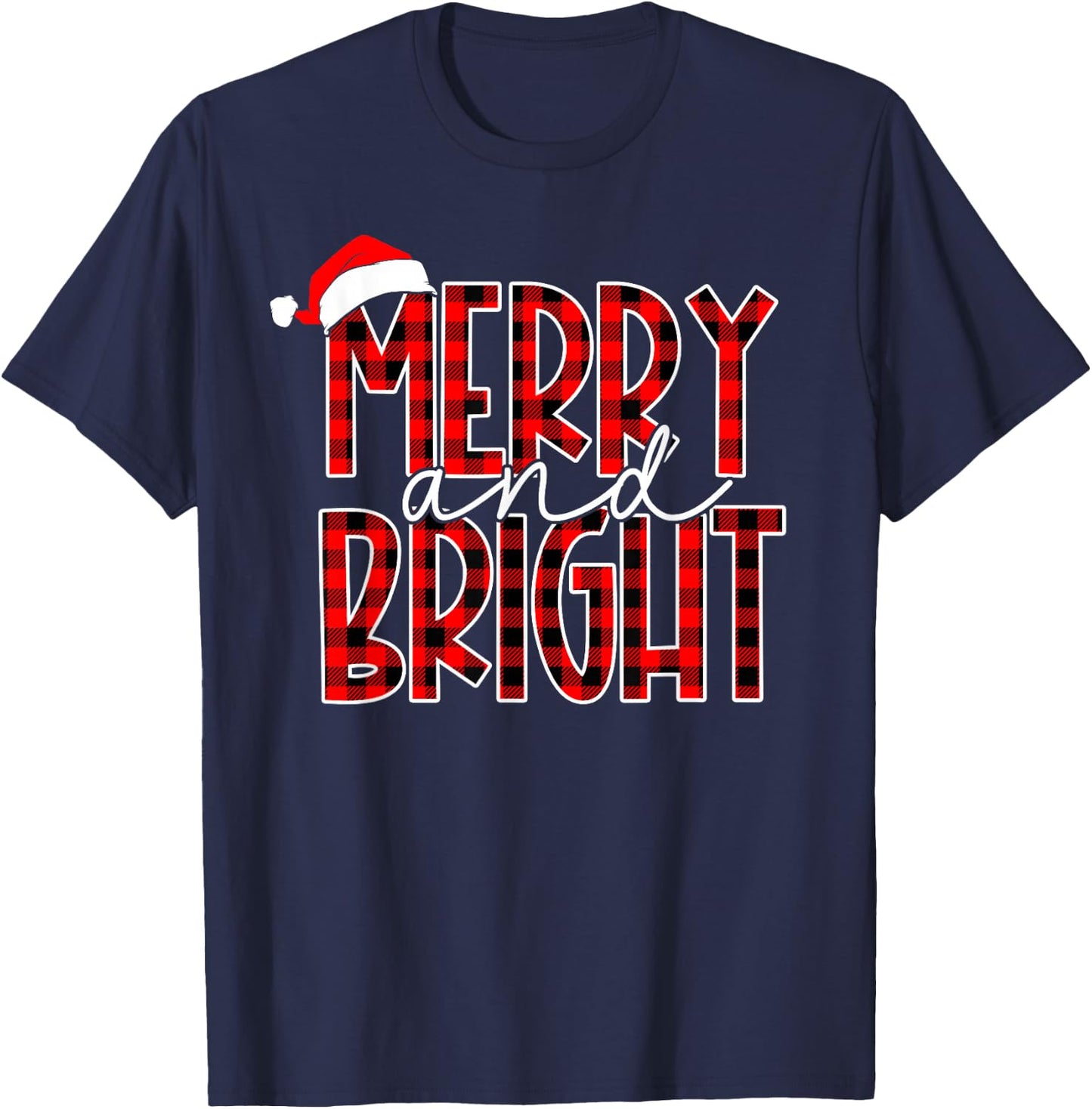 Merry and Bright Buffalo Plaid Red Santa Hat Christmas Xmas T-Shirt - T-Shirt | Navy