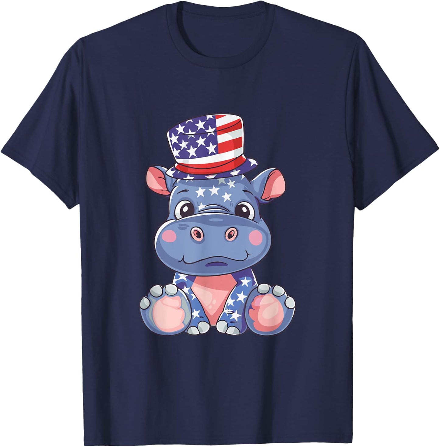 Cute Hippo USA Flag | 4th Of July T-Shirt - T-Shirt | Navy